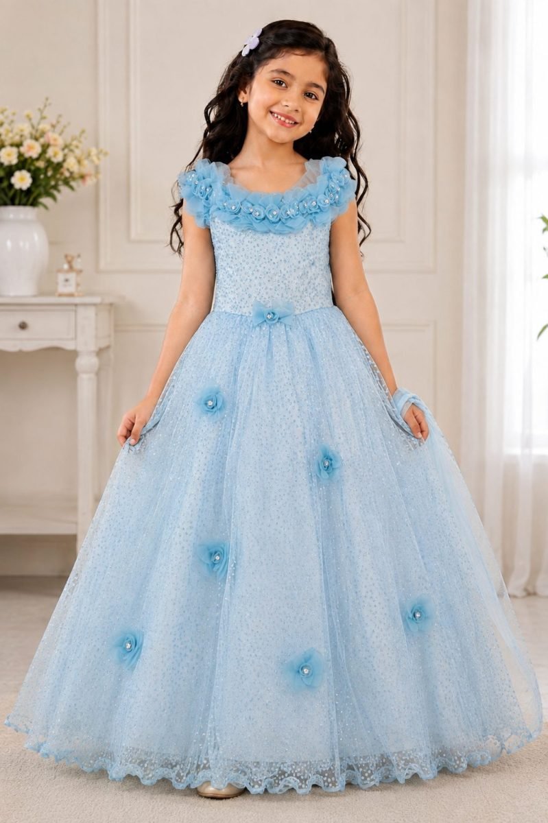 Sky Blue Ruffled Net Ball Gown with Floral