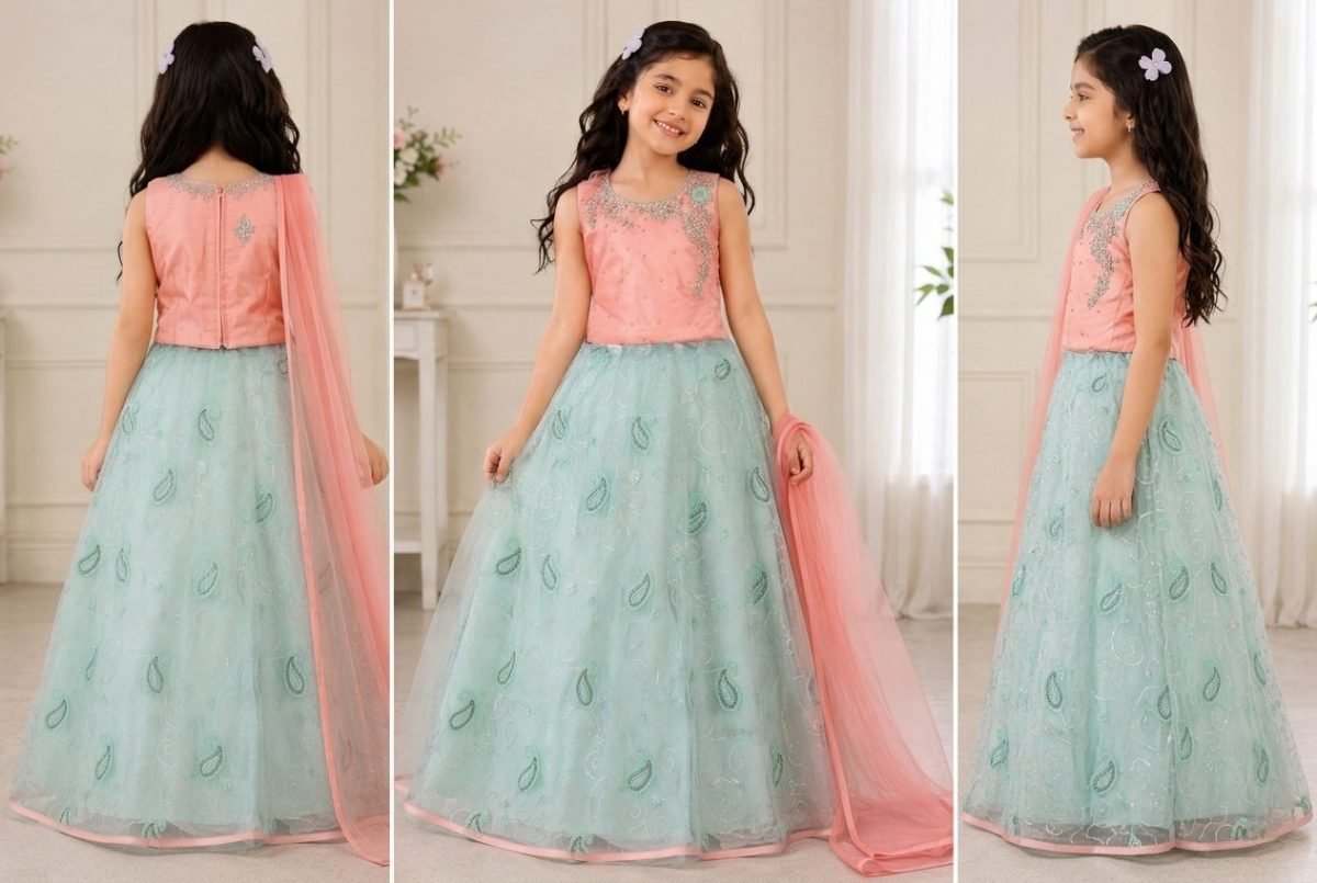 Peach & Mint Green Embroidered Crop Top Lehenga Set