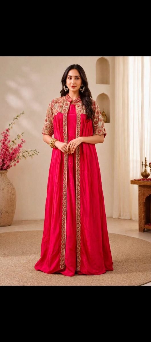 Rani Pink with Gold Floral Embroidered Pattern