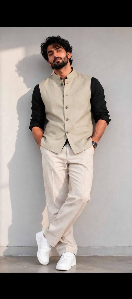 Men's Light Beige Linen-Blend Nehru Waistcoat