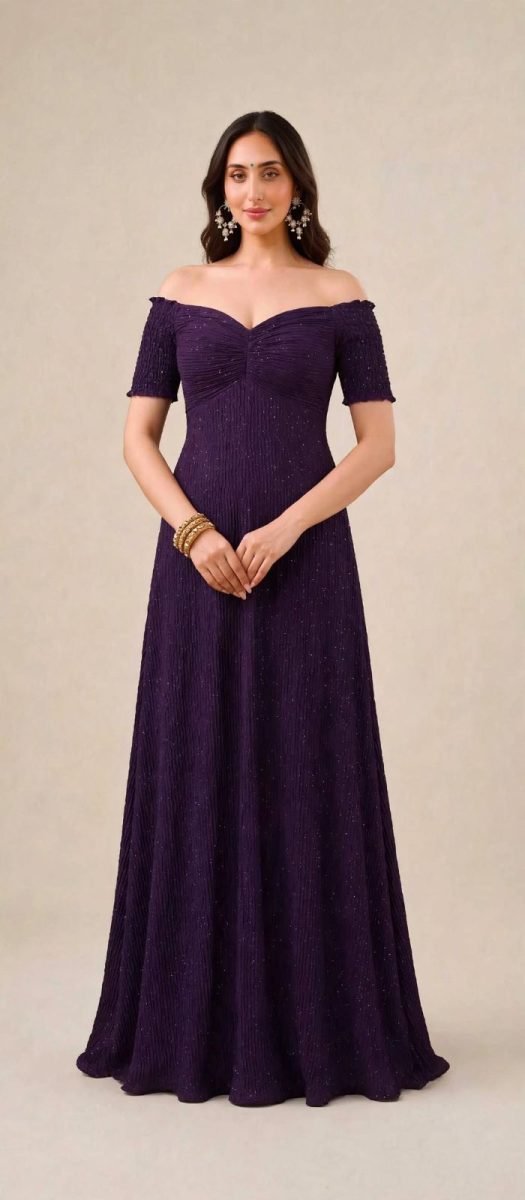 Off-Shoulder Shimmer Crinkle A-Line Evening Gown - Deep Purple