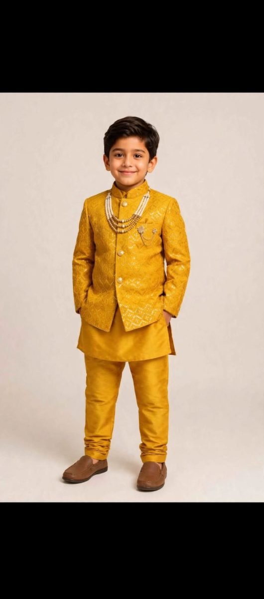 Mustard Yellow Sequins Embroidered Kids Sherwani Set