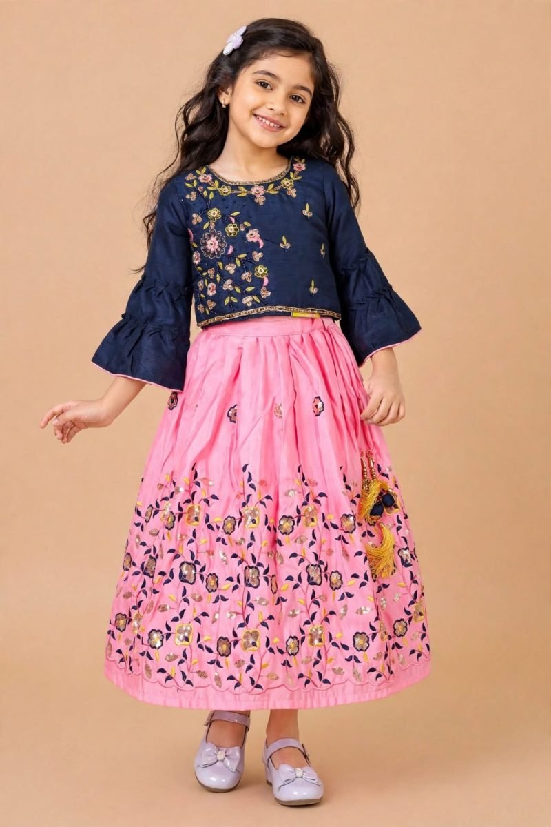 Navy Blue & Pink Floral Embroidered Lehenga Choli Set