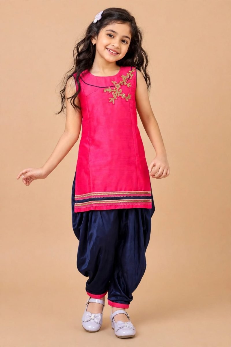 Hot Pink Embroidered Patiala Suit Set for Girls