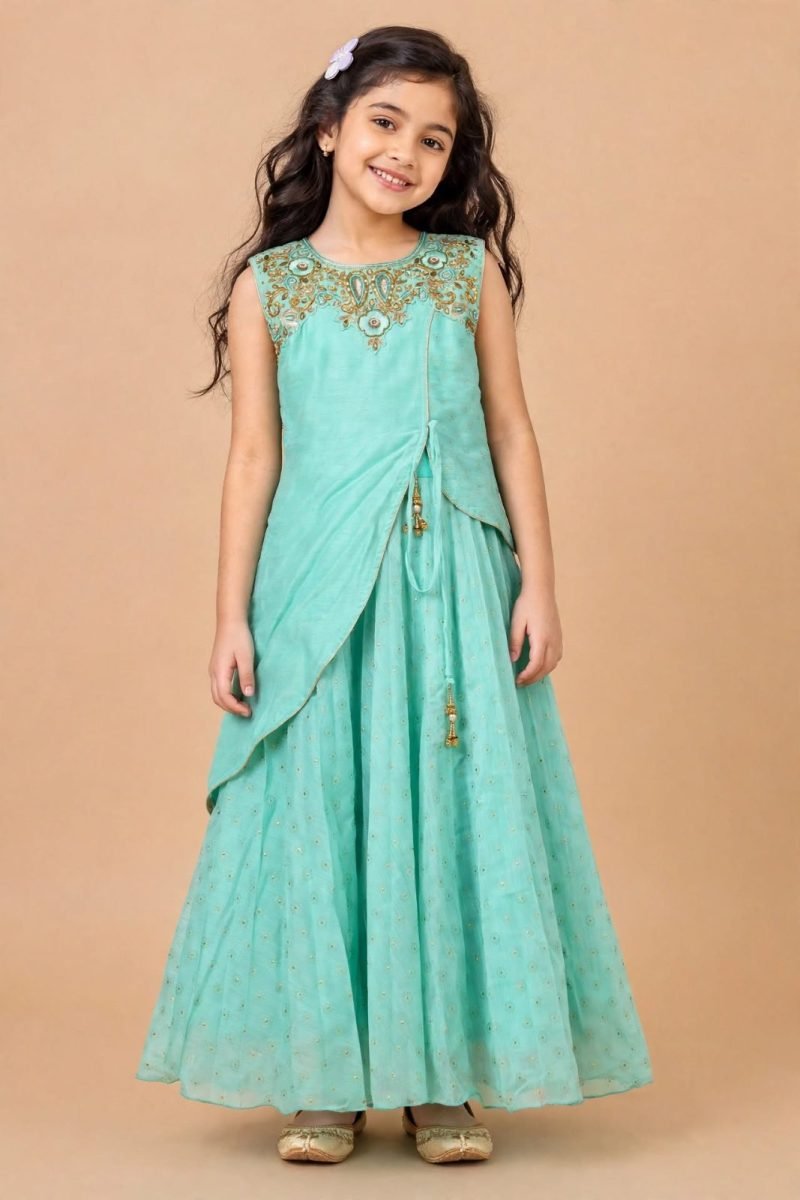 Mint Green Embroidered Jacket Lehenga Set for Girls