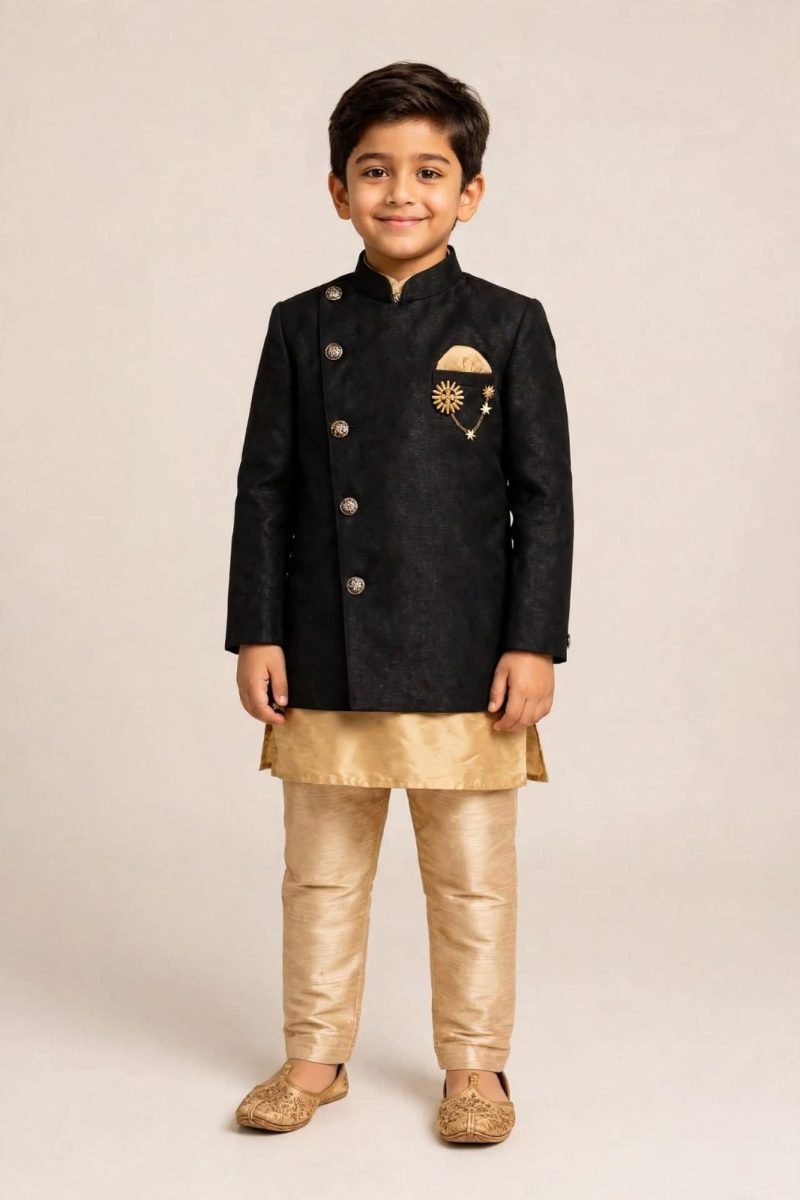 Black Jodhpuri Jacket with Beige Gold Kurta Pant Set