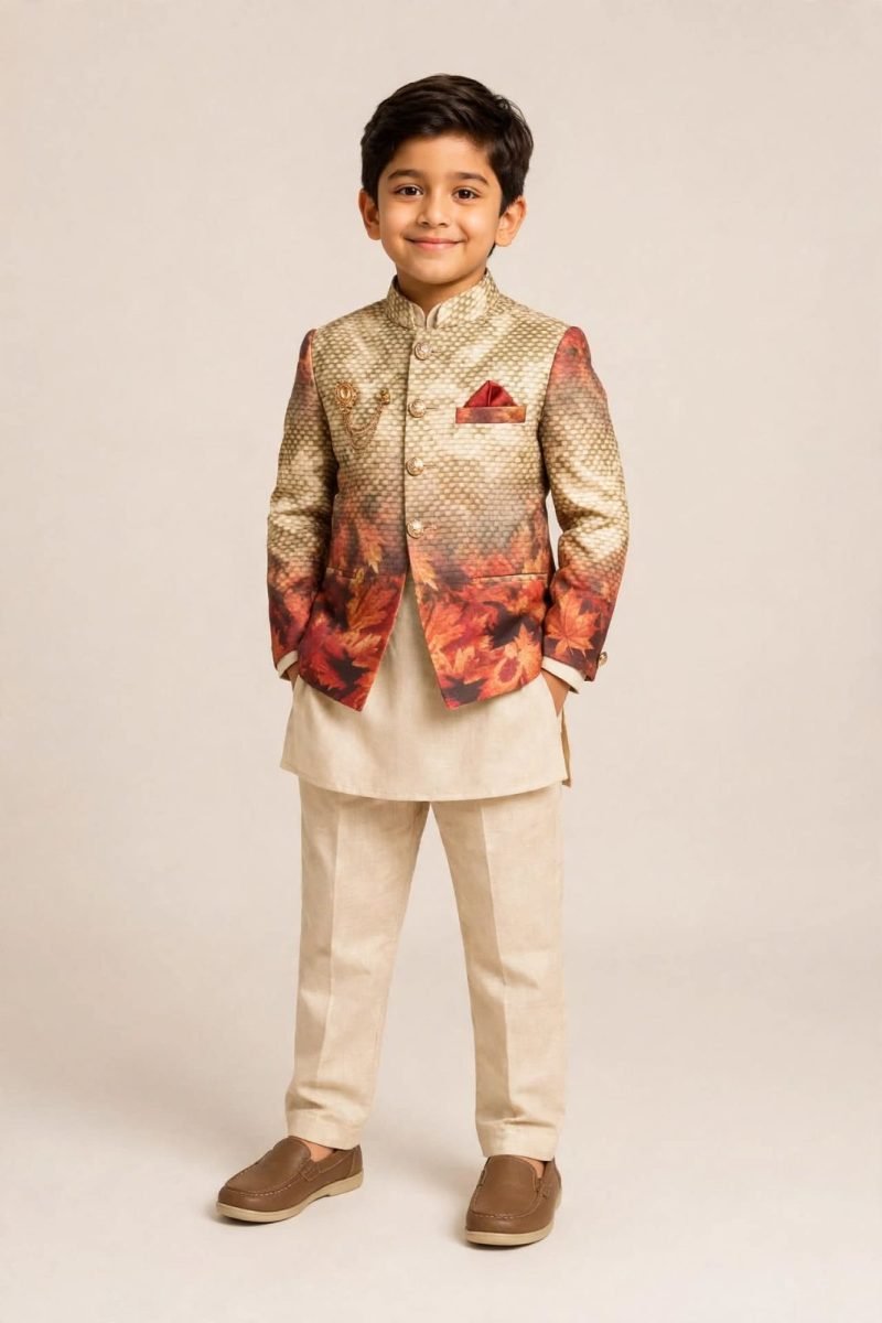 Beige Autumn Maple Printed Jodhpuri Jacket with Kurta Pant Set