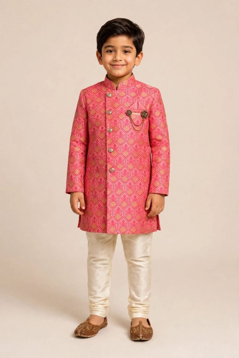 Pink Gold Hexagon Brocade Sherwani with Cream Churidar Set