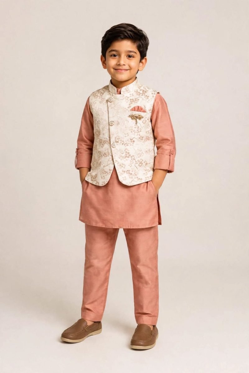 Dusty Peach Floral Jacquard Waistcoat with Peach Kurta Pant Set
