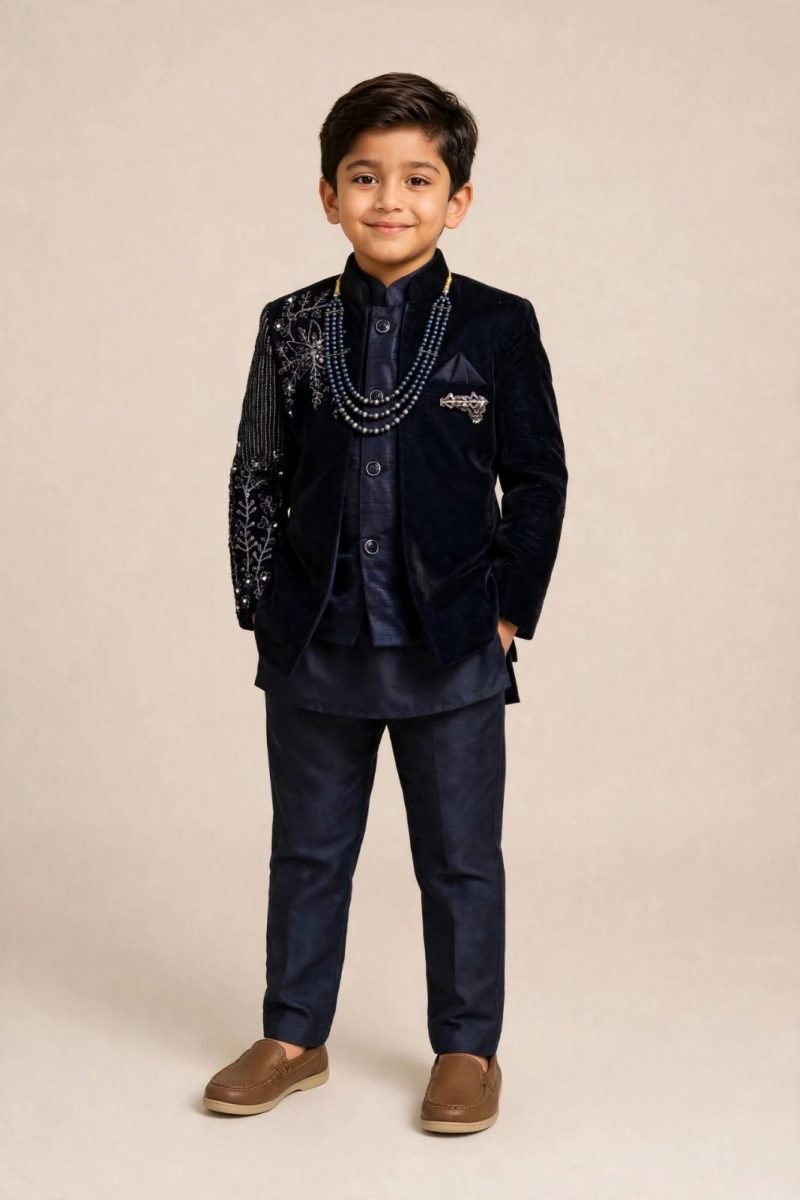 Boys Navy Blue Velvet Indo-Western Set with Sleeve Embroidery