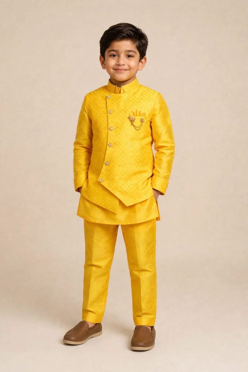 Boys Yellow Diamond Quilted Jacket Kurta Pajama Set