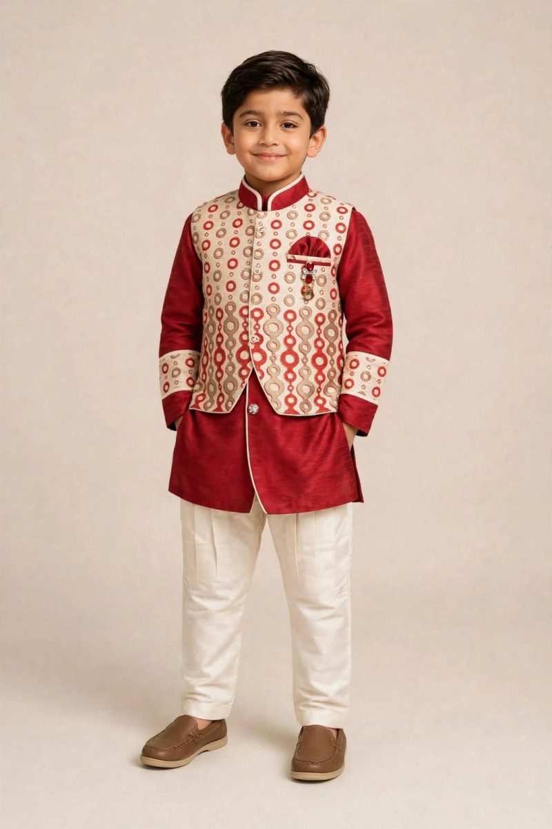Boys Maroon Red Circle Printed Waistcoat Kurta Pajama Set