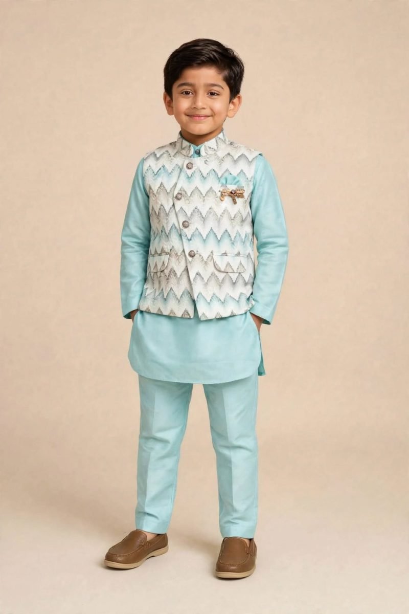 Boys Sky Blue Chevron Zigzag Printed Waistcoat Kurta Pajama Set