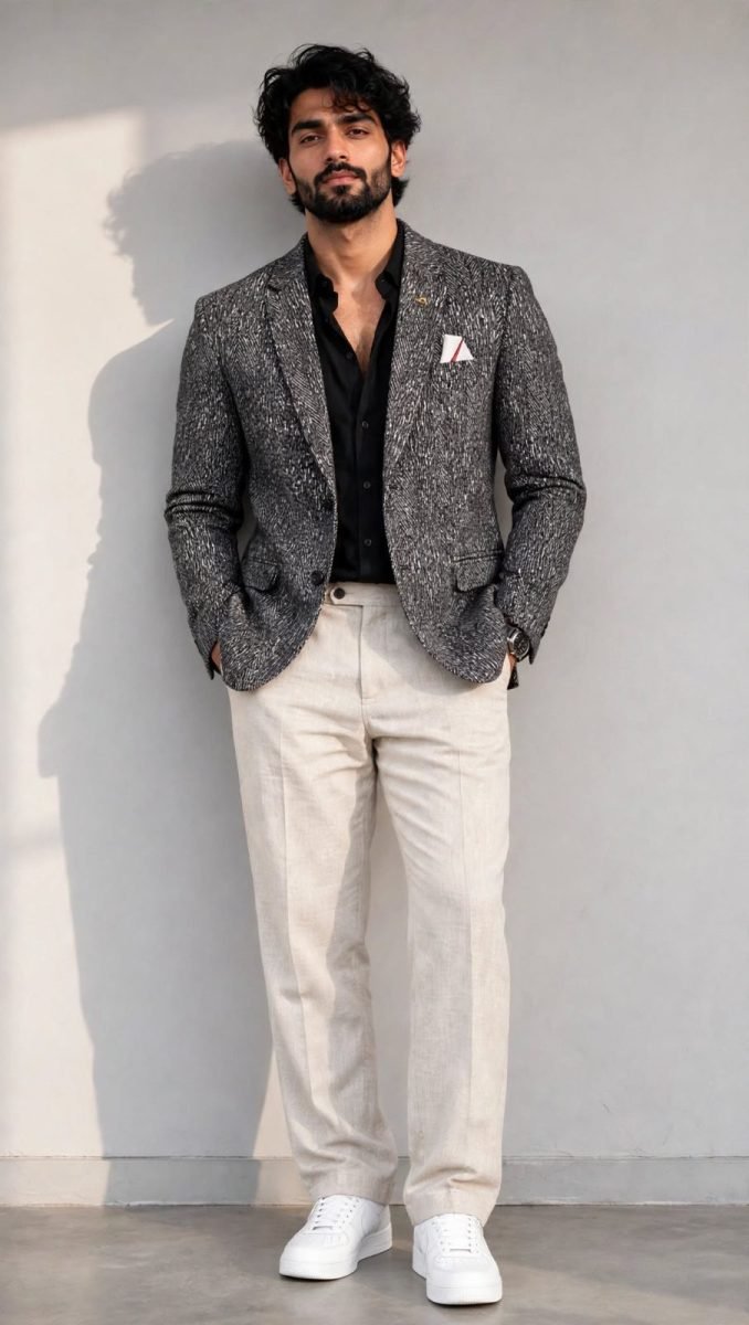Mens Charcoal Black White Herringbone Tweed Blazer