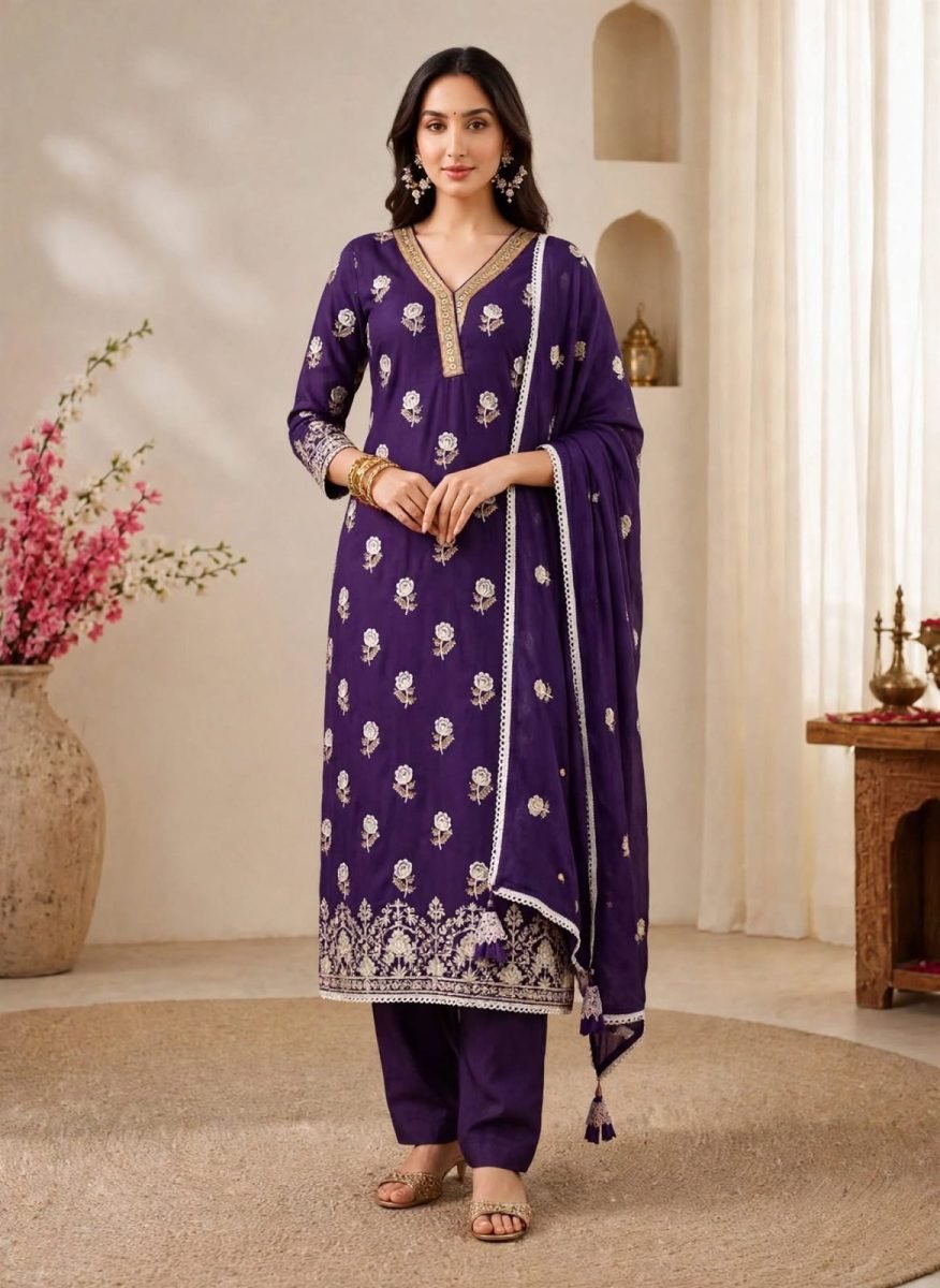 Womens Dark Purple White Floral Embroidered Salwar Suit