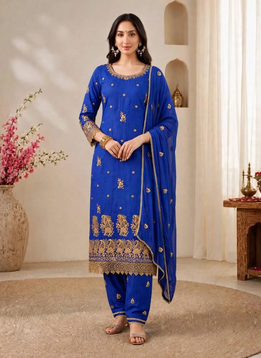 Womens Royal Blue Gold Paisley Heavy Embroidered Salwar Suit