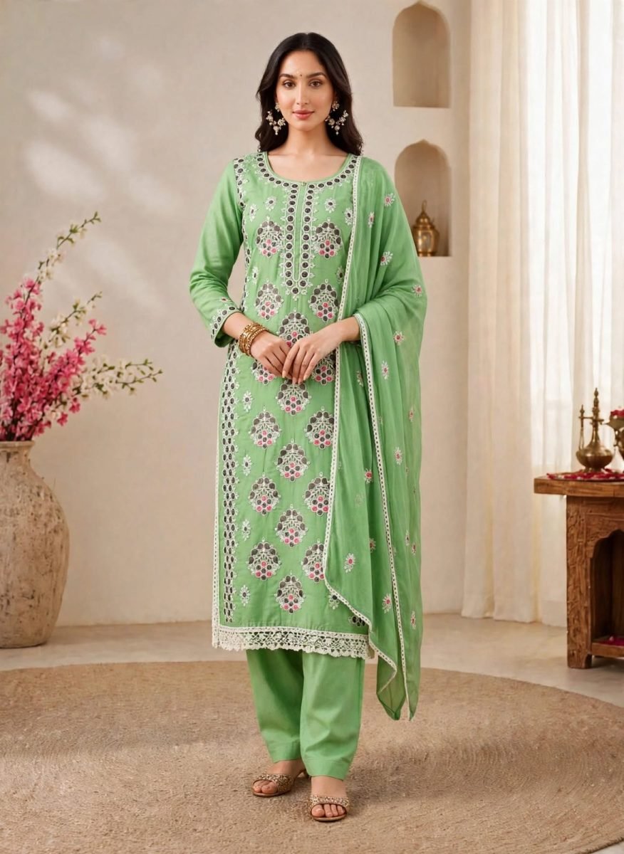 Womens Parrot Green Floral Bunch Embroidered Lace Salwar Suit
