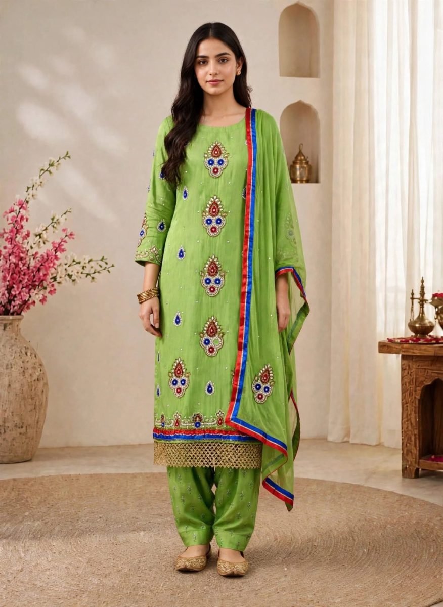 Womens Parrot Green Blue Red Kundan Mukut Motif Salwar Suit