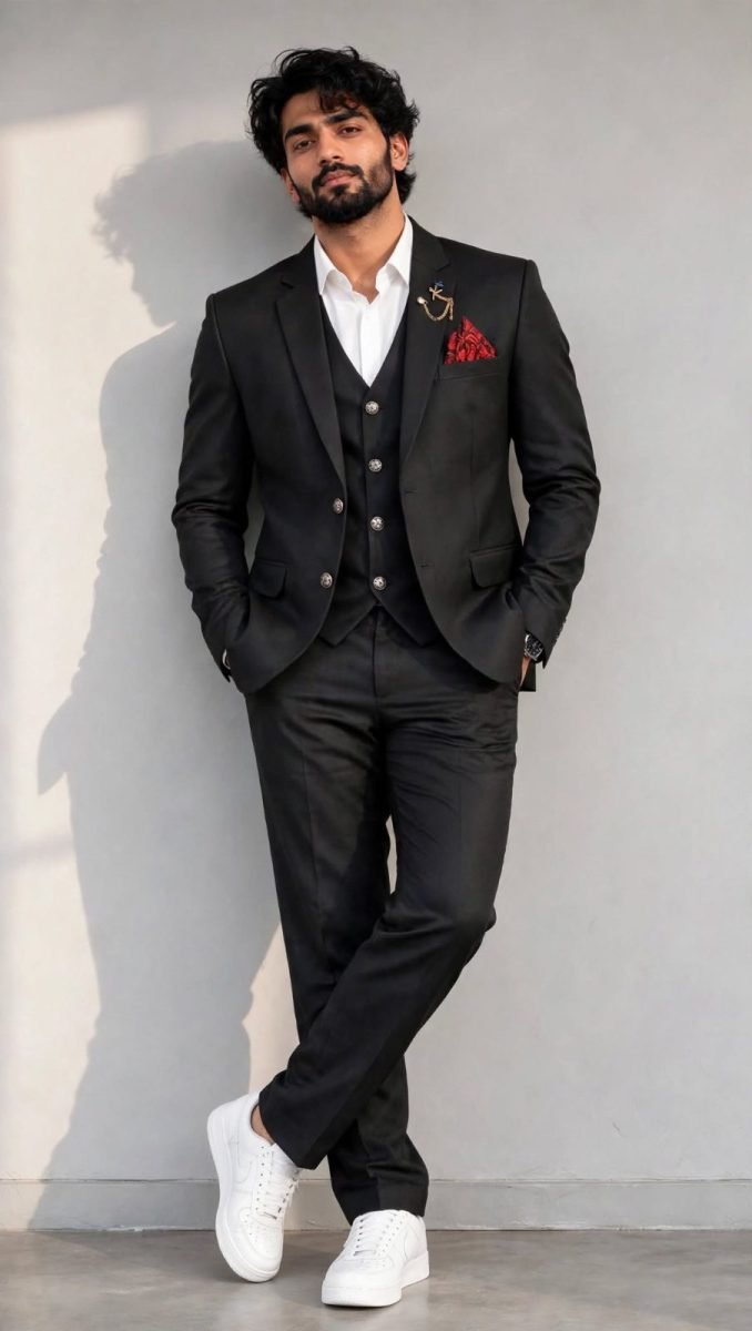 Men's Black Solid 2-Button Designer Formal 5-Piece Suit Set