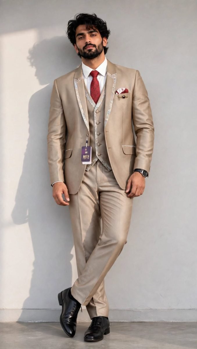 MASTER Beige Solid Designer Border 5-Piece Formal Coat Suit Set with Red Tie