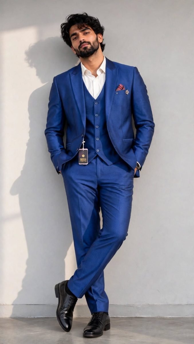 MASTER Royal Blue Dotted Solid 5-Piece Formal Coat Suit Set