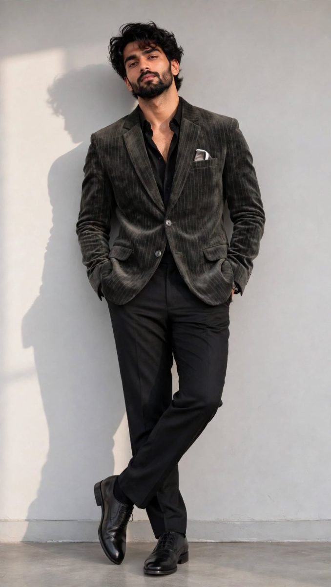 Men's Charcoal Grey Striped Velvet Designer Blazer - 2 Button