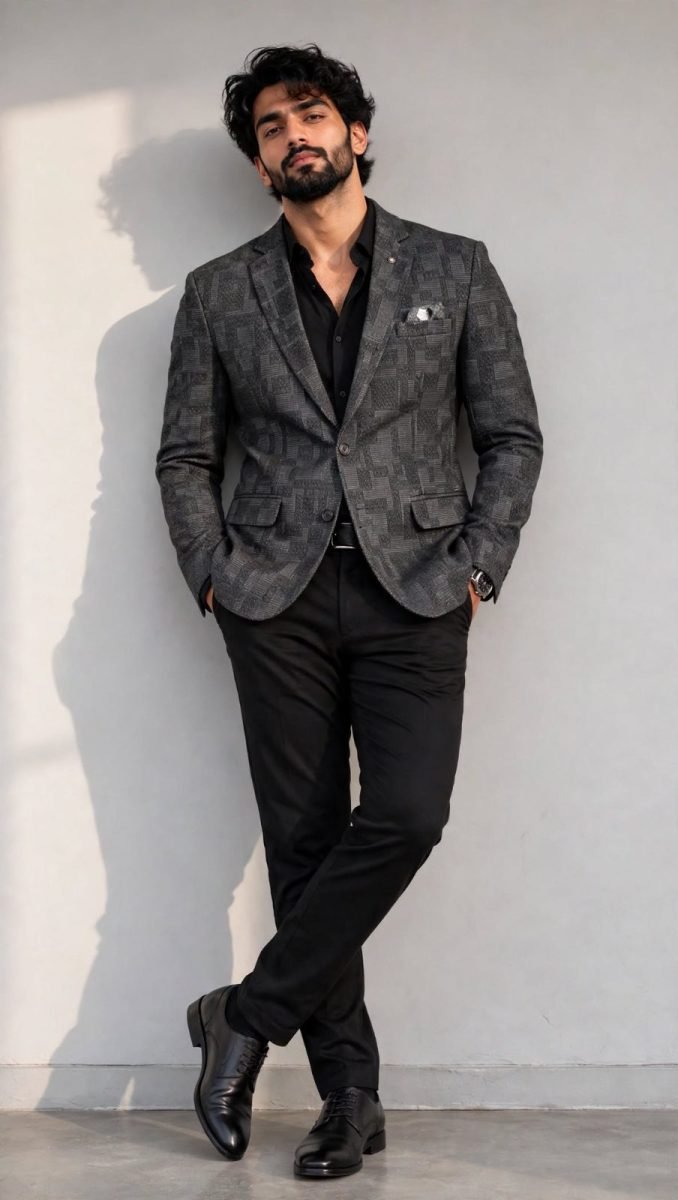 ClubView Dark Grey Geometric Box Check Formal Blazer - H484