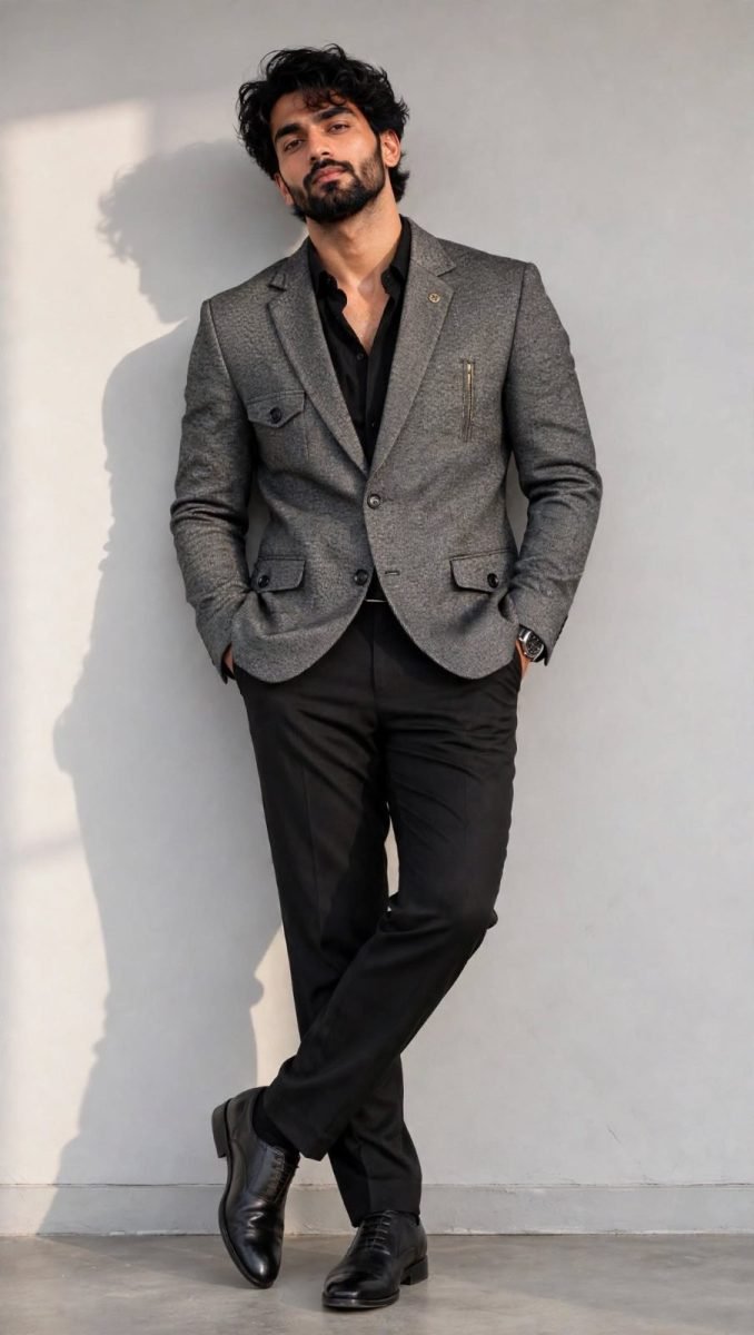 Men's Mid Grey Tweed Hunting Blazer - 4 Pocket Designer Jacket
