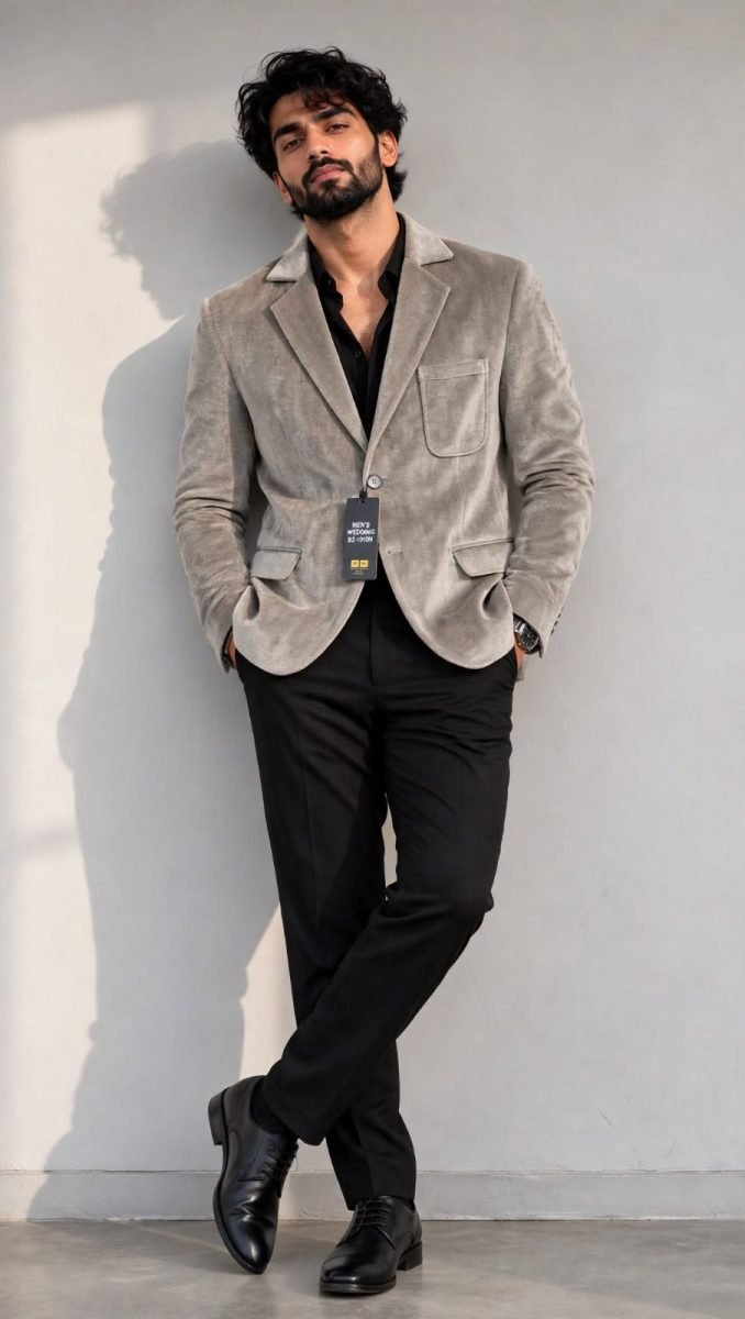 Men's Light Silver Grey Herringbone Velvet Blazer - BZ-1010N - Single Button