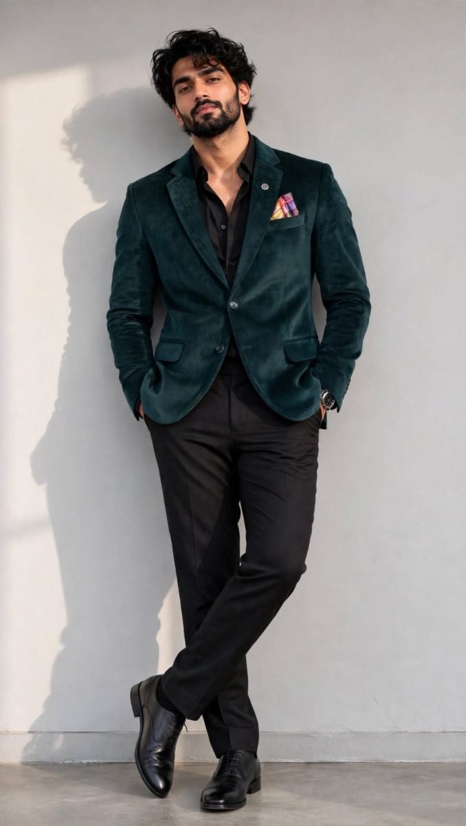 Men's Bottle Teal Green Velvet Designer Blazer with Pocket Square