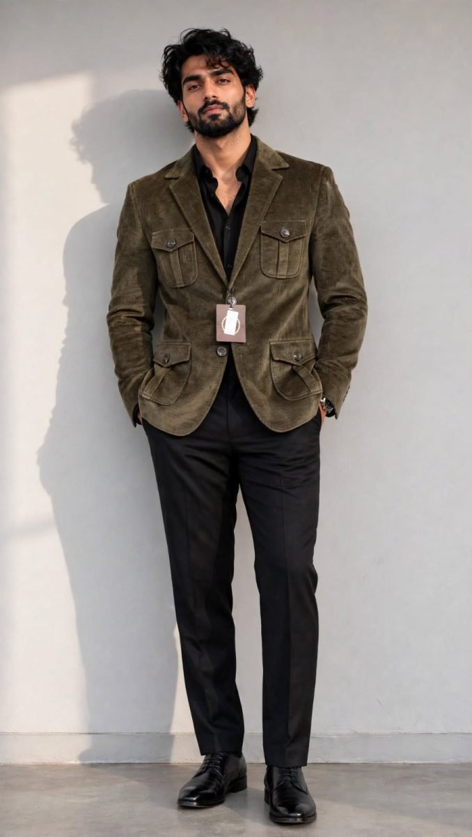 Men's Olive Brown Hunting Jacket - 4 Pocket - 3 Button - Corduroy Blazer