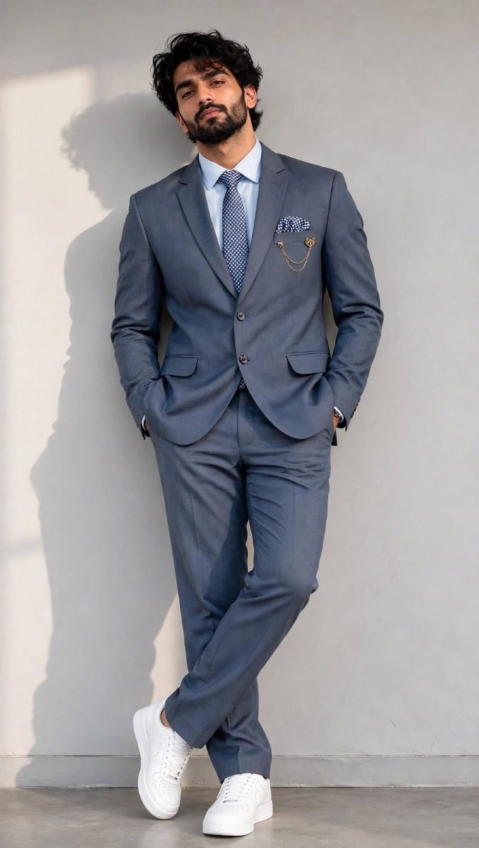 Club Mark Dusty Blue 2Pc Suit with Tie & Chain Brooch